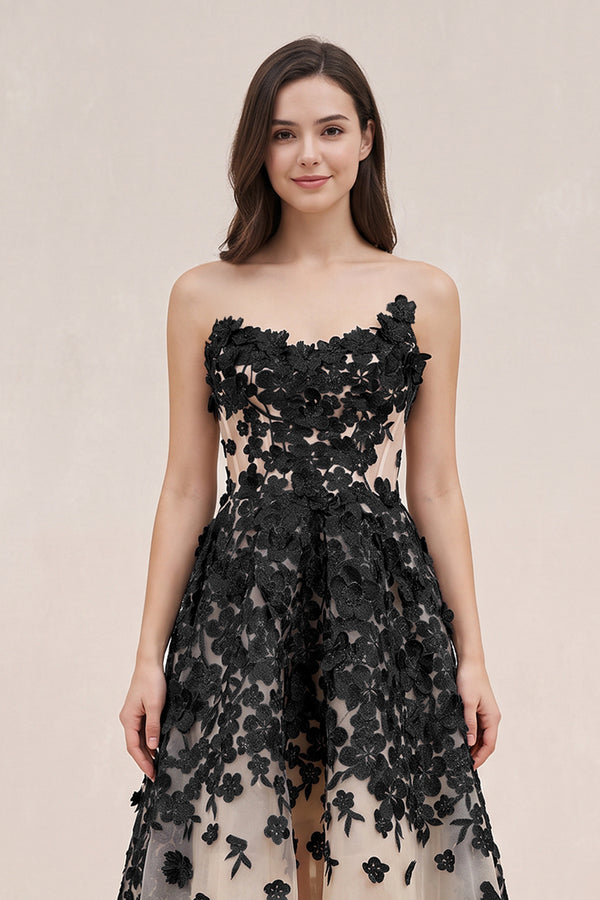 Black and Nude Appliqued Tulle A-Line V-neck Wedding Dress - SHEISME