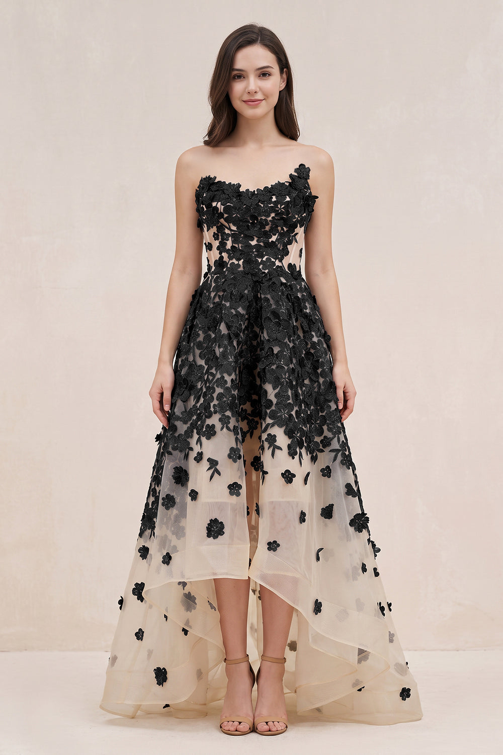 Black and Nude Appliqued Tulle A-Line V-neck Wedding Dress - SHEISME