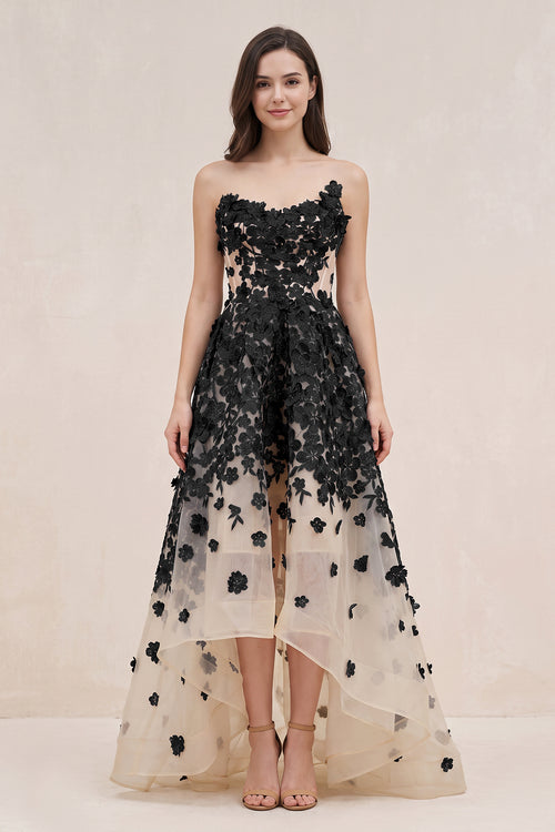 Black and Nude Appliqued Tulle A-Line V-neck Wedding Dress - SHEISME