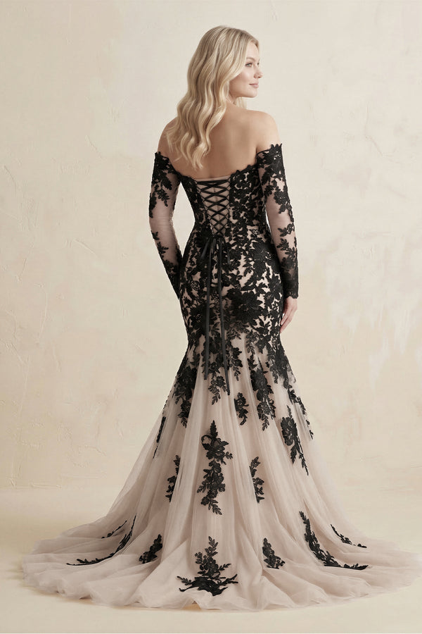 Appliqued Tulle Mermaid Off - the - Shoulder Wedding Dress in Black - SHE IS ME Wedding Dresses