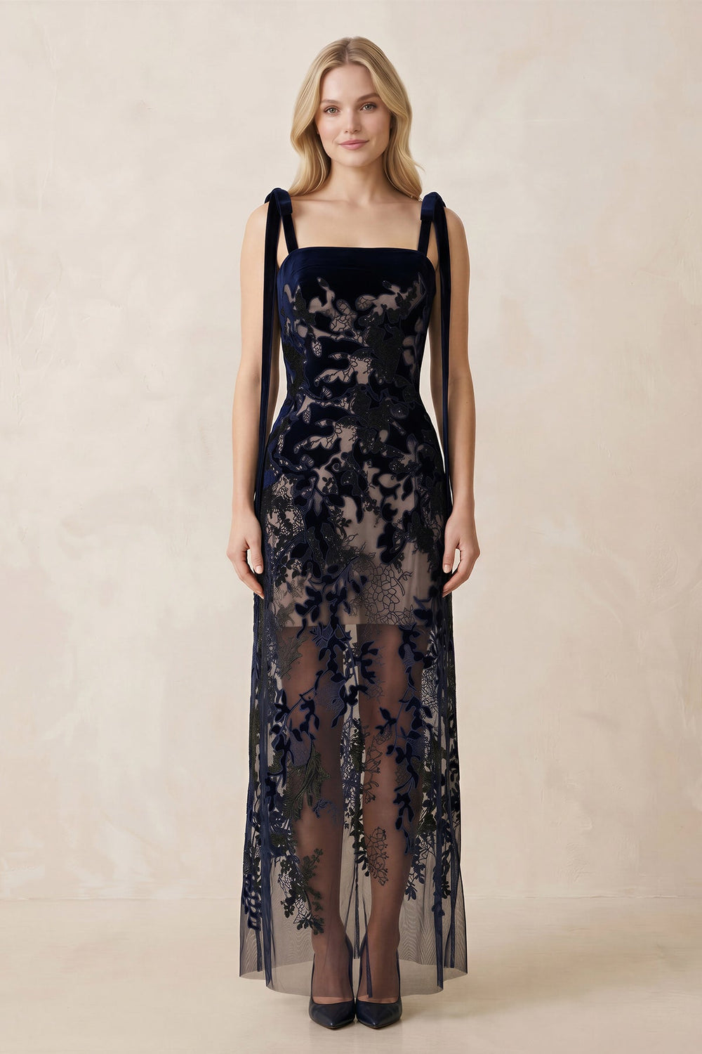 Appliqued Tulle Sheath Square - Neck Wedding Dress in Black - SHE IS ME Wedding Dresses