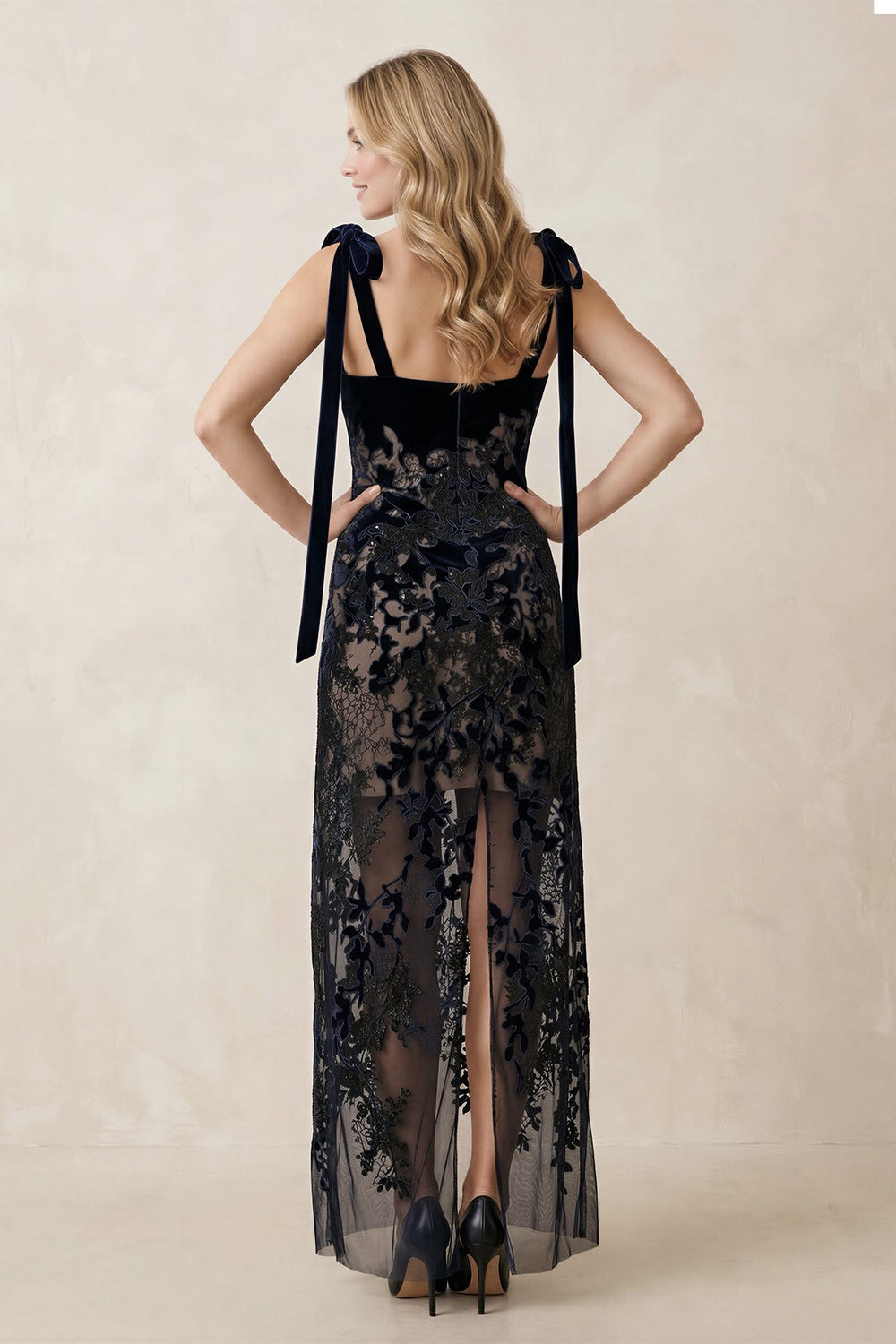 Appliqued Tulle Sheath Square - Neck Wedding Dress in Black - SHE IS ME Wedding Dresses