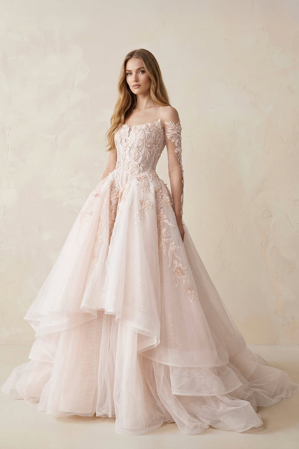Appliqued Tulle Strapless Ball Gown Wedding Dress - SHE IS ME Wedding Dresses