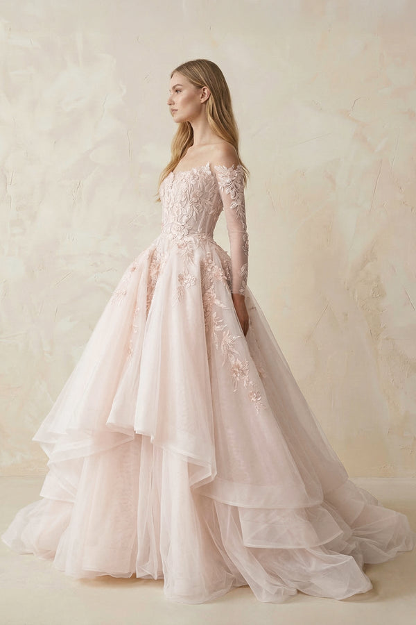 Appliqued Tulle Strapless Ball Gown Wedding Dress - SHE IS ME Wedding Dresses