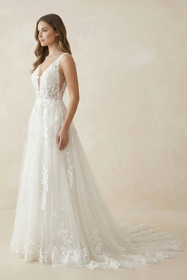 Appliqued V - Neck A - Line Tulle Maxi Wedding Dress in White - SHE IS ME Wedding Dresses