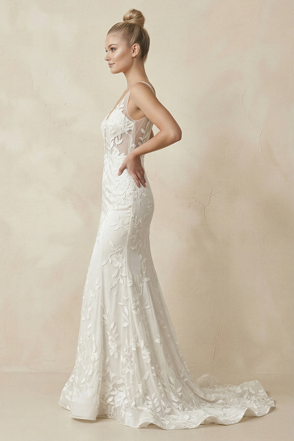 Appliqued V - Neck Mermaid Sheath Wedding Dress in White - SHE IS ME Wedding Dresses