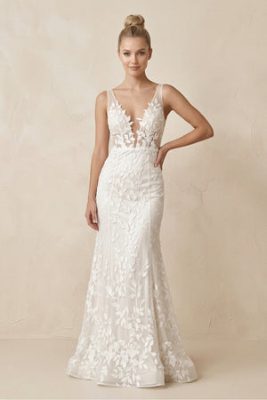 Appliqued V - Neck Mermaid Sheath Wedding Dress in White - SHE IS ME Wedding Dresses