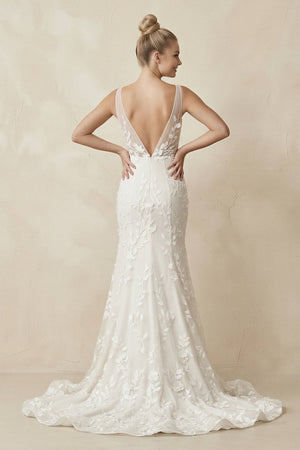 Appliqued V - Neck Mermaid Sheath Wedding Dress in White - SHE IS ME Wedding Dresses