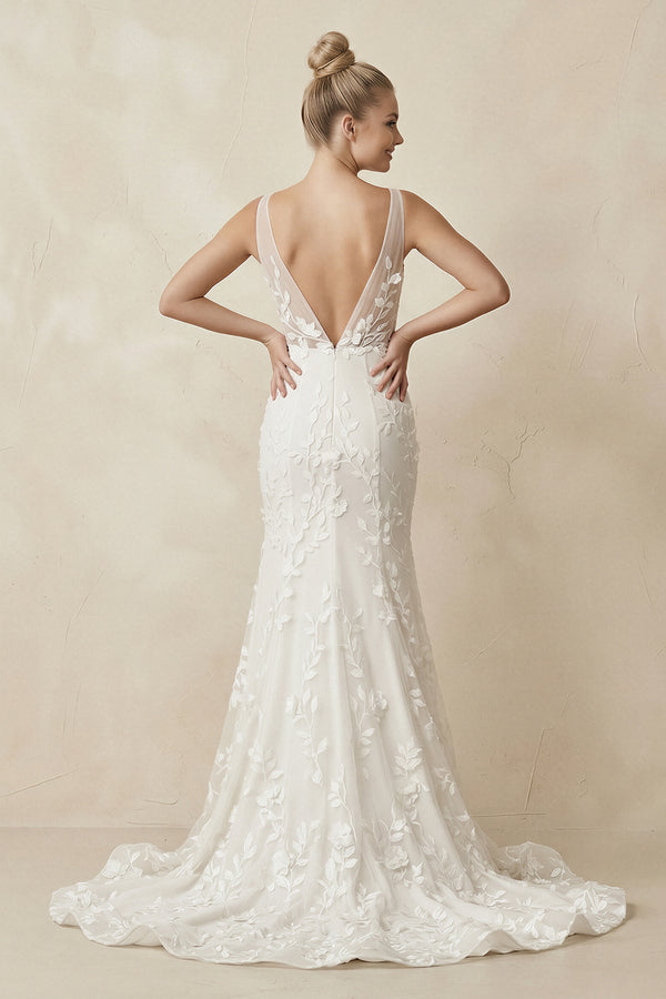 Appliqued V - Neck Mermaid Sheath Wedding Dress in White - SHE IS ME Wedding Dresses