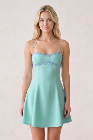 Aqua Halter A-Line Embroidery Satin Short Homecoming Dress (3) | SHEISME
