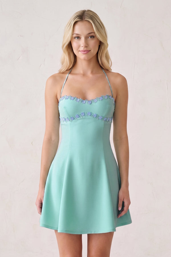 Aqua Halter A-Line Embroidery Satin Short Homecoming Dress (3) | SHEISME