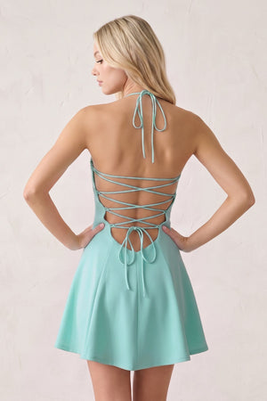Aqua Halter A-Line Embroidery Satin Short Homecoming Dress (4) | SHEISME