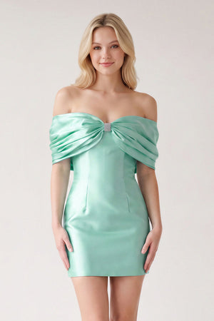 Aqua Off The Shoulder Satin Bodycon Short Homecoming Dress With Beading (3) | SHEISME