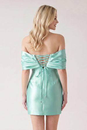 Aqua Off The Shoulder Satin Bodycon Short Homecoming Dress With Beading (4) | SHEISME