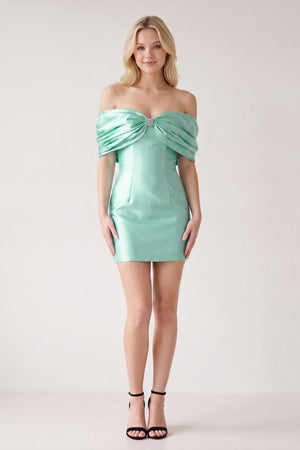 Aqua Off The Shoulder Satin Bodycon Short Homecoming Dress With Beading (5) | SHEISME
