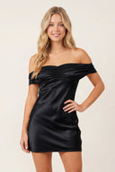 Black Off-the-Shoulder Satin Sheath Homecoming Dress | SHEISME
