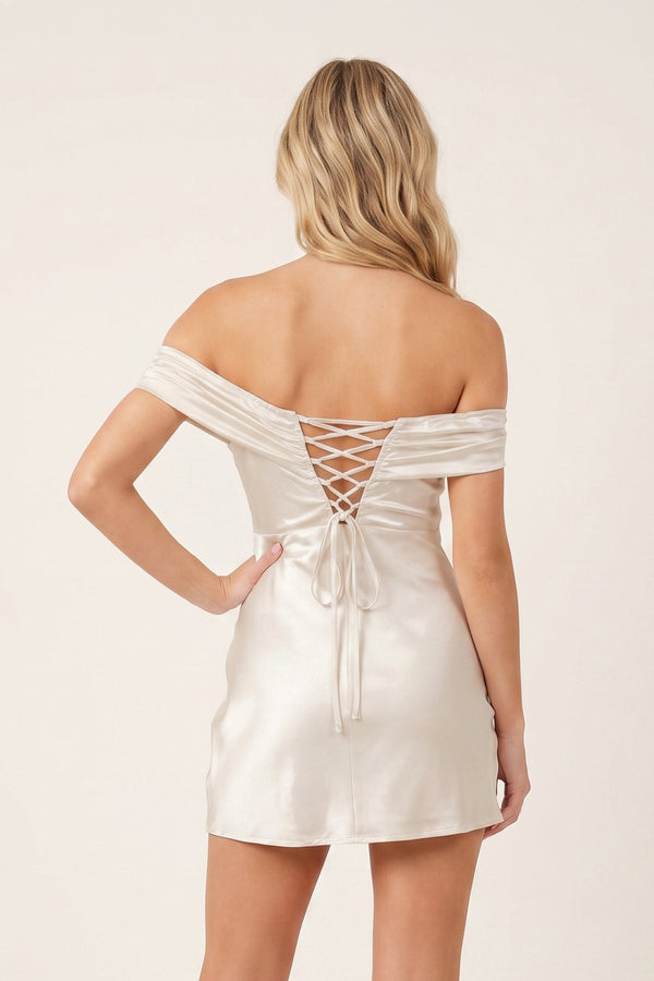 Ivory Off-the-Shoulder Satin Sheath Homecoming Dress - SHEISME