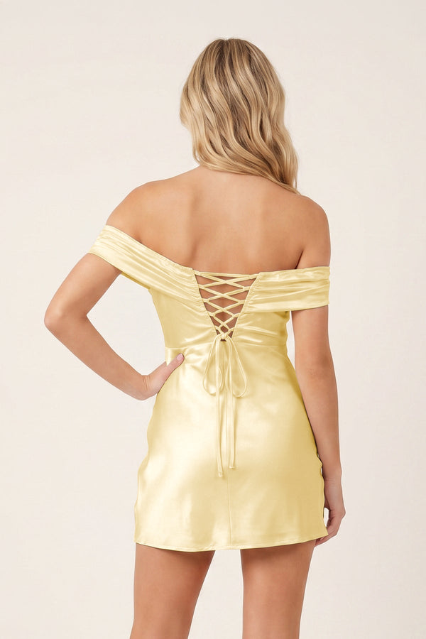 Yellow Off-the-Shoulder Satin Sheath Homecoming Dress | SHEISME