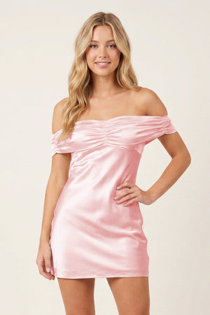 Pink Off-the-Shoulder Satin Sheath Homecoming Dress | SHEISME