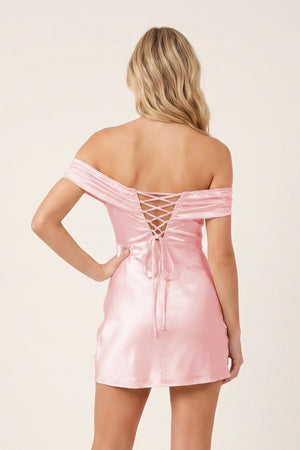 Pink Off-the-Shoulder Satin Sheath Homecoming Dress | SHEISME