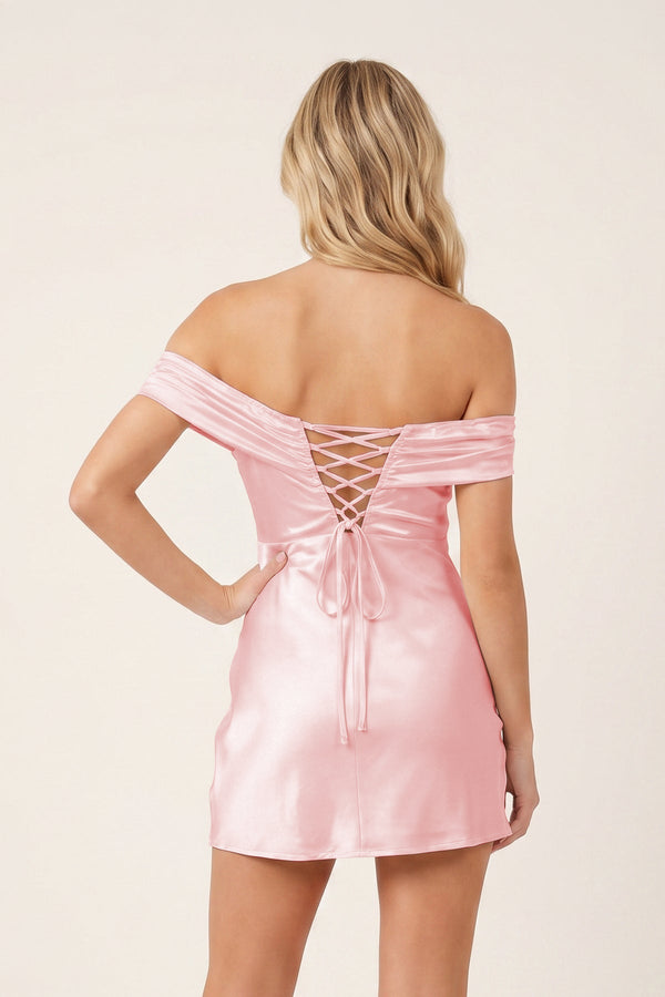 Pink Off-the-Shoulder Satin Sheath Homecoming Dress | SHEISME