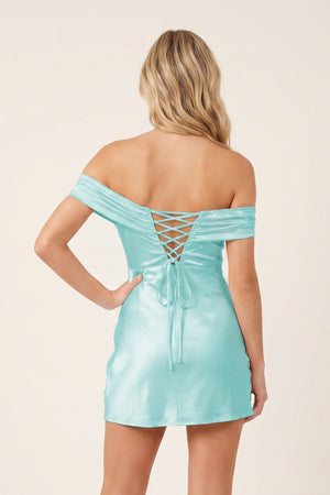Aqua Off-the-Shoulder Satin Sheath Homecoming Dress | SHEISME