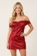 Burgundy Off-the-Shoulder Satin Sheath Homecoming Dress | SHEISME