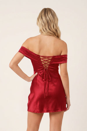 Burgundy Off-the-Shoulder Satin Sheath Homecoming Dress (2) | SHEISME