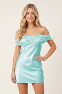 Aqua Off-the-Shoulder Satin Sheath Homecoming Dress | SHEISME