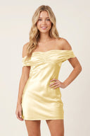 Yellow Off-the-Shoulder Satin Sheath Homecoming Dress | SHEISME