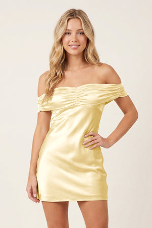 Yellow Off-the-Shoulder Satin Sheath Homecoming Dress | SHEISME