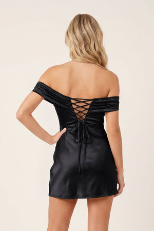 Black Off-the-Shoulder Satin Sheath Homecoming Dress (2) | SHEISME