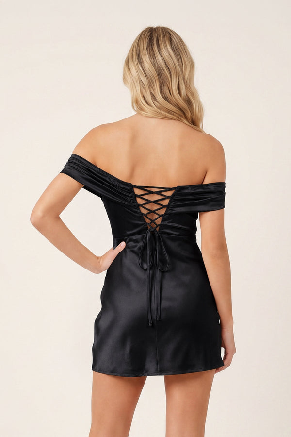 Black Off-the-Shoulder Satin Sheath Homecoming Dress (2) | SHEISME