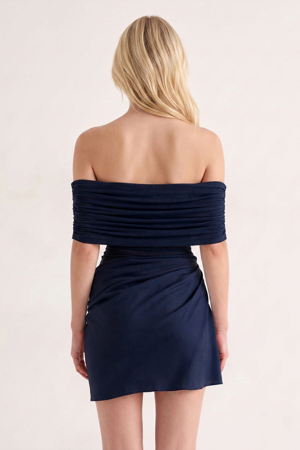 Navy Blue Off the Shoulder Sheath Ruched Tulle Homecoming Dress | SHEISME