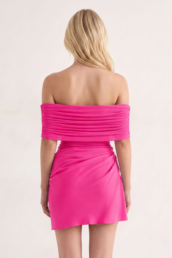 Fuchsia Off the Shoulder Sheath Ruched Tulle Homecoming Dress | SHEISME