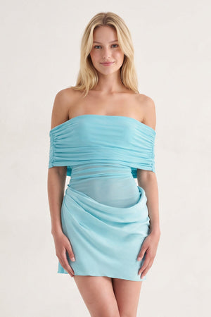 Aqua Off the Shoulder Sheath Ruched Tulle Homecoming Dress | SHEISME