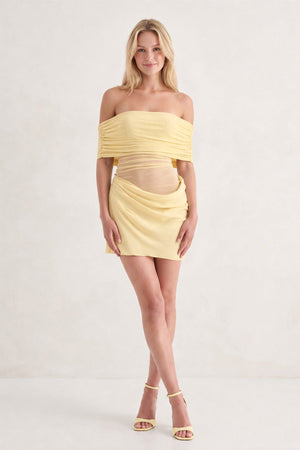 Yellow Off the Shoulder Sheath Ruched Tulle Homecoming Dress | SHEISME