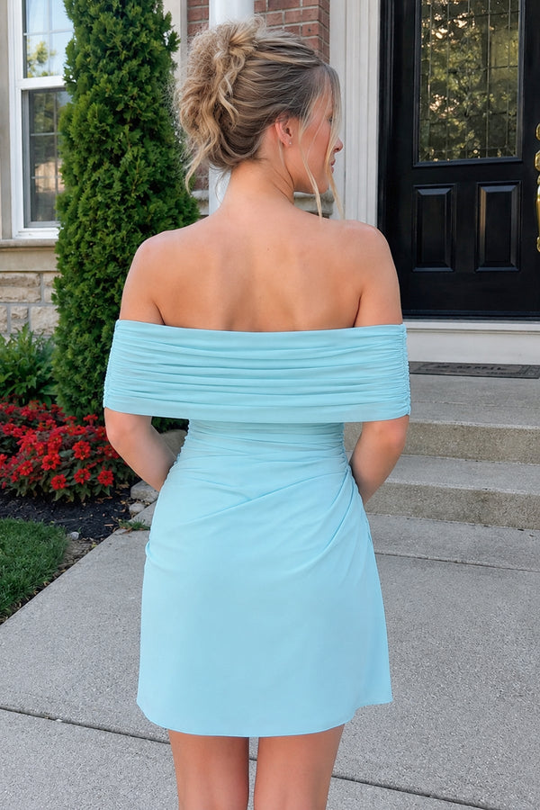 Aqua Off the Shoulder Sheath Ruched Tulle Homecoming Dress | SHEISME