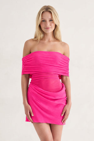 Fuchsia Off the Shoulder Sheath Ruched Tulle Homecoming Dress | SHEISME