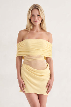 Yellow Off the Shoulder Sheath Ruched Tulle Homecoming Dress | SHEISME