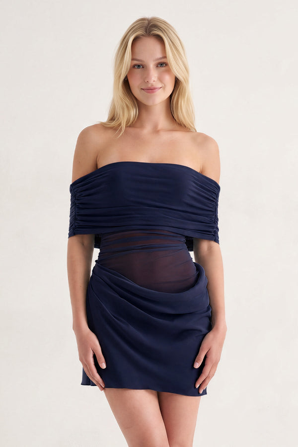 Navy Blue Off the Shoulder Sheath Ruched Tulle Homecoming Dress | SHEISME