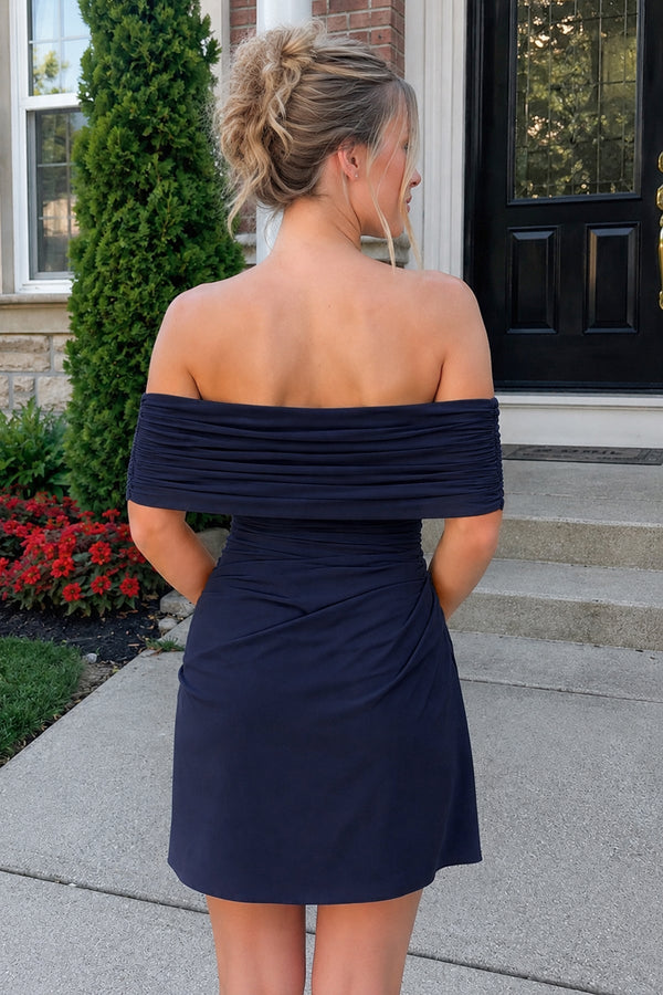 Navy Blue Off the Shoulder Sheath Ruched Tulle Homecoming Dress | SHEISME