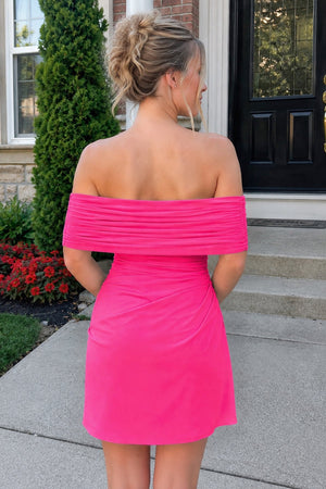 Fuchsia Off the Shoulder Sheath Ruched Tulle Homecoming Dress | SHEISME