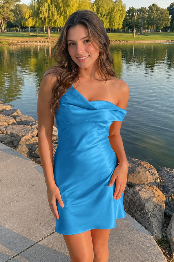 Azure One-Shoulder Satin Ruched Sheath Homecoming Dress | SHEISME