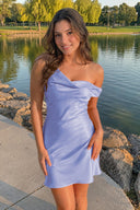 Periwinkle One-Shoulder Satin Ruched Sheath Homecoming Dress | SHEISME