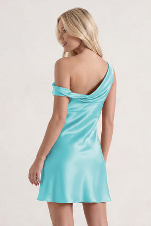 Aqua One-Shoulder Satin Ruched Sheath Homecoming Dress | SHEISME