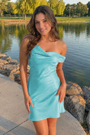 Aqua One-Shoulder Satin Ruched Sheath Homecoming Dress | SHEISME