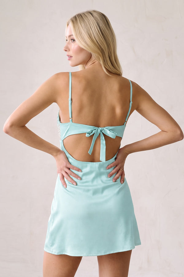 Aqua Spaghetti Straps Sheath Rhinestones Satin Homecoming Dress with Tie Back (4) | SHEISME