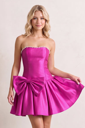 Fuchsia Strapless A-Line Satin Ruched Bow Homecoming Dress With Pearl - SHEISME