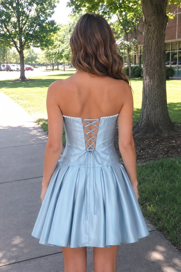 Sky Blue Strapless A-Line Satin Ruched Bow Homecoming Dress With Pearl - SHEISME
